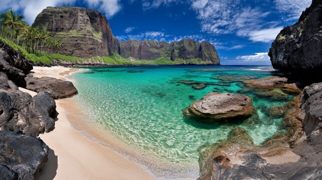 Tropical beach with clear turquoise water, sandy shore, and dramatic cliffs under a blue sky - Powered by Adobe