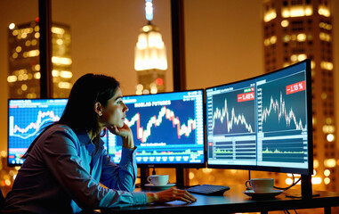 Focused Woman Analyzing Stock Charts on Multiple Computer Monitors in a High-Rise Night Office.  Global Market Data and Investment Strategy