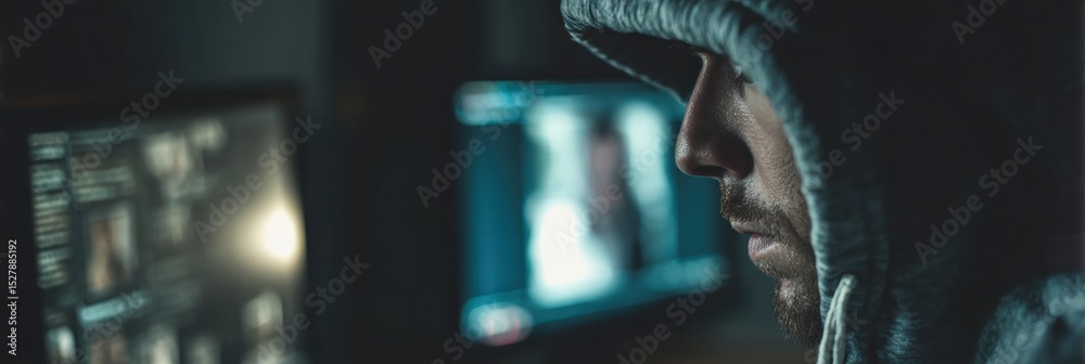 Poster cybercriminal targets video call interface for malware injection in dimly lit room during late night