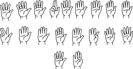 Hand gesture line icons, various finger signs and palm positions, black outline vector illustration, minimal style communication symbol collection