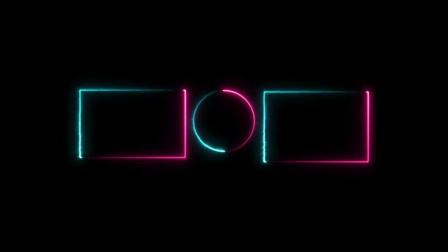 Glowing saber rectangle neon frame background animation . Seamless Loop, Neon abstract rectangle and circle shape line animation ..Glowing frames sign collection for web design, 
