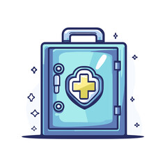 Obraz premium Light Blue First Aid Kit with Yellow Cross Symbol Emergency Medical Equipment Vector Illustration