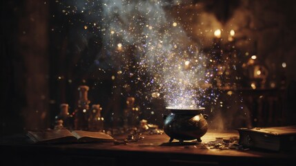 Magical cauldron with sparks and smoke