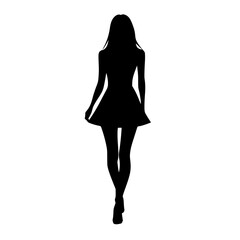 a black silhouette of a young woman in a short dress walking on a white background beautiful, black, dress, female, girl, short, silhouette, walk, woman, young , Generative art.