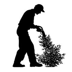 black silhouette of a man planting a bush in the garden black, bush, garden, gardener, man, plant, silhouette, tree , Generative art.