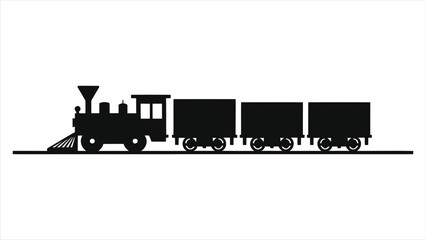 Simple Black Vector Silhouette of a Freight Train on Tracks/A clean, bold silhouette of a vintage train engine and freight cars on train tracks. © Tanver