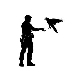a black and white silhouette of a man holding a bird on his arm arm, bird, black, hand, hold, man, person, silhouette , Generative art.