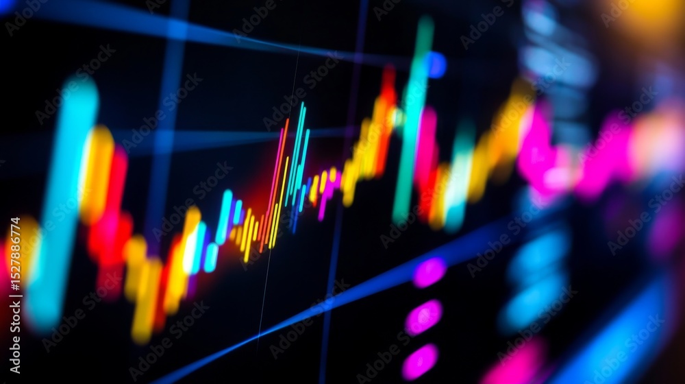 Poster a detailed close-up of a colorful financial graph with upward trends and vibrant lines on a digital 