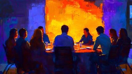 People sitting around a large table engaged in meaningful conversation and collaborative work