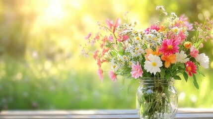 Mason jar used as a vase with freshly cut garden flowers placed on an outdoor table