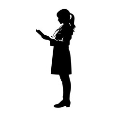 black silhouette of a young woman in a coat standing and holding a tablet in her hands black, coat, doctor, girl, hand, phone, silhouette, stand, tablet, woman, young , Generative art.