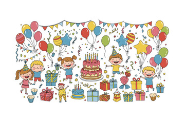 Delightful Children's Birthday Party Graphic Featuring Balloons, Cakes, and Gifts Perfect for Invitations and Festive Designs