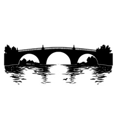 black and white silhouette of an old bridge over a river black, bridge, old, river, silhouette, stone bridge, water , Generative art.