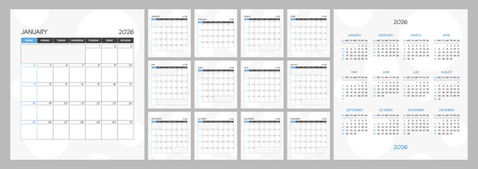 Monthly calendar blue square planner schedule for 2026 year. Week Starts on Sunday