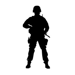 a black silhouette of a soldier standing with a rifle in his hand black, hand, helmet, man, silhouette, soldier, stand, uniform , Generative art.