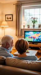Smiling joyful senior couple watching television at home, happy elderly partners. Retirement leisure, domestic life. Man and woman together on sofa, TV entertainment, cozy living room.