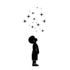 a black silhouette of a little boy looking up at the stars in the sky black, boy, child, little, look, silhouette, sky, stand, star , Generative art.