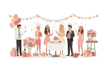 Festive Bridal Shower Celebration Scalable Graphic featuring happy guests, gifts, flowers, and confetti perfect for wedding invitations or party decorations.