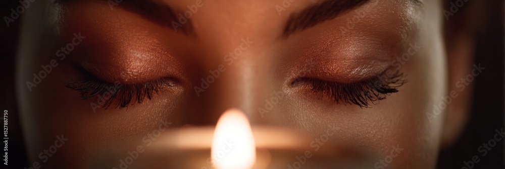 Poster meditation practice with closed eyes and candlelight for inner peace and mindfulness in a calming en