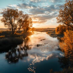 Serene river surrounded by lush green trees and sparkling water under a bright blue sky