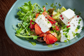 Savor the delightful blend of vegetables and herbs topped with creamy cheese on a wooden table
