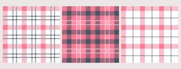 Picnic tablecloth plaid, gingham seamless pattern vector set. Traditional square check vichy tartan. Napkin textile, grid blankets, checkered kitchen print or checker backgrounds in pastel pink colors