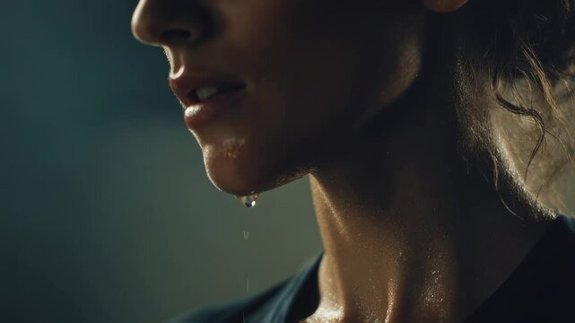 Intense female athlete experiencing physical exertion, perspiration dripping down chin during challenging workout, revealing unwavering dedication to fitness and personal strength goals