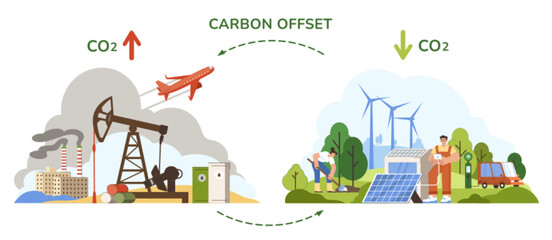 Carbon offset compensation concept. People reduce CO2 pollution from factories. Dioxide balance control, neutral climate strategy or keep atmosphere clean. Net zero emissions, take care of environment