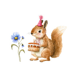 Watercolor illustration of cute squirrel in party hat holding cake with candle and blue flower, suitable for kids projects hand painted