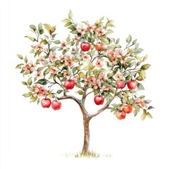 Watercolor apple tree with blossoms