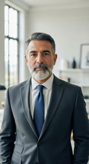Confident businessman in formal suit and tie standing in modern office, professional executive leadership, corporate success, workplace confidence, business attire, office interior background
