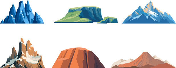 Set of isolated mountains, mountain peaks, hill tops, iceberg, natural landscape. Isolated rocky peak, canyon silhouette. Vector elements for hiking, travel, adventure, tourism, climbing design.