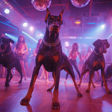 A group of doberman dogs with chain collars in a nightclub with dancing people and disco balls overhead