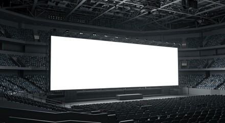 Modern indoor arena interior with stage and large blank screen for presentation