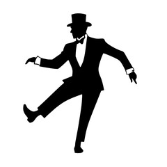 a black silhouette of a man wearing a tuxedo and top hat black, dance, hat, man, run, silhouette, suit, tuxedo, wear , Generative art.