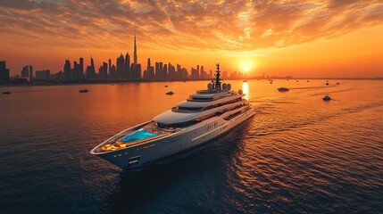 Naklejka premium Luxury Yacht Sailing at Sunset on Dubai Background