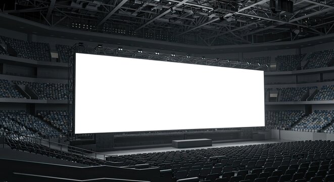 Modern indoor arena interior with stage and large blank screen for presentation