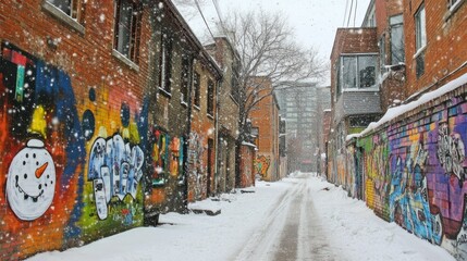 Naklejka premium Snowy alleyway with colorful murals