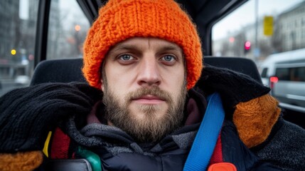 Close-up of a young man with a beard wearing an orange knit hat and winter clothing on a bus