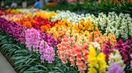 Rows of snapdragons in gradient color patterns planted in an organized garden layout