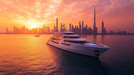 Luxury Yacht Sailing at Sunset on Dubai Background