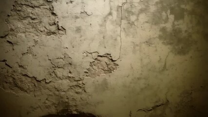 Moving shot of cracked damaged plaster wall, texture detail background with flaking beige colored paint and grunge - Powered by Adobe