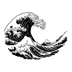 a black and white drawing of a great wave black, drawing, wave , Generative art.
