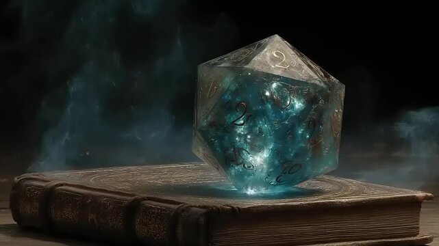 Glowing D20 Dice Above Ancient Book with Mystical Smoke