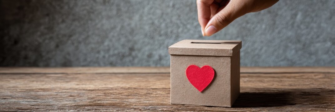 Donation Box Being Filled With a Heart Symbol on a Wooden Table in a Community Space