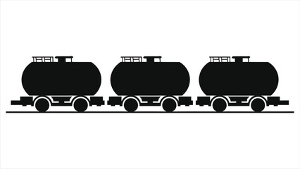 Vector Silhouette of Three Tank Cars on Railroad Tracks/A clean, minimalist silhouette of three tank cars positioned on railroad tracks.