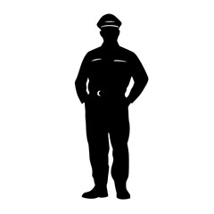 a black silhouette of a police officer, policeman or soldier in uniform black, cap, man, police officer, policeman, silhouette, soldier, stand, uniform , Generative art.