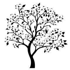 Obraz premium a tree with leaves and birds on a white background bird, black, silhouette, tree , Generative art.