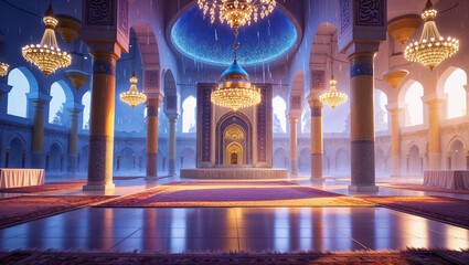 Obraz premium Opulent mosque interior depicting architectural beauty and elegant chandeliers during a misty atmosphere