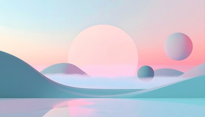 Surreal pastel landscape with rolling hills, floating spheres, and soft light